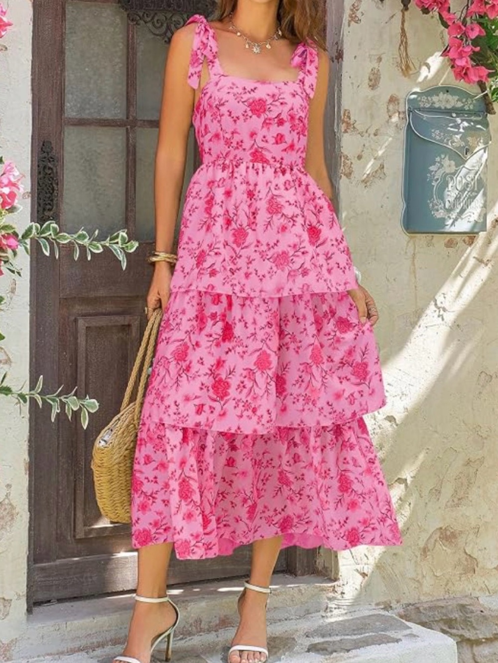 Wenrine Woman’s Tiered Summer Pink Floral Maxi Dress with Tie Straps